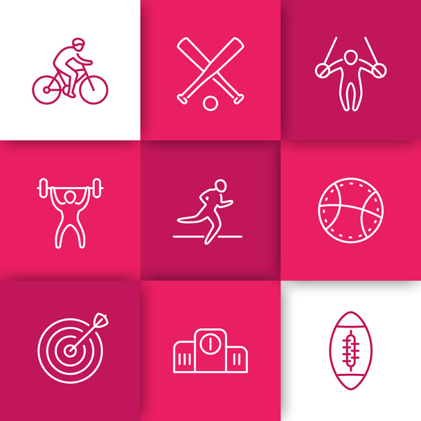 different kind of sports, line icons on squares, vector illustration - Vector, Image