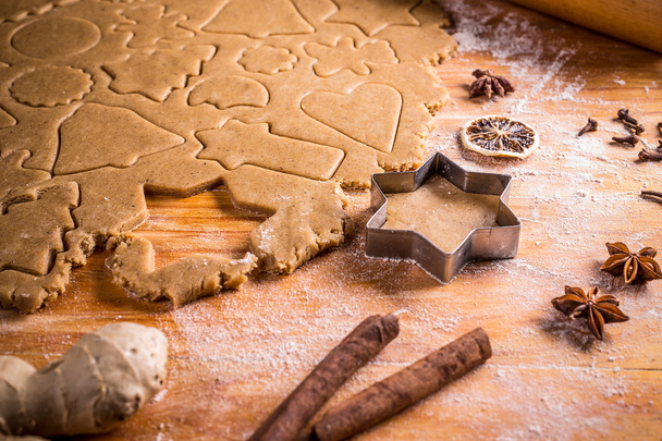 Cookie dough with christmas shapes - Fotografie, Obrázek