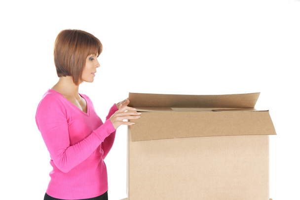 Attractive businesswoman with cardboard box - Zdjęcie, obraz