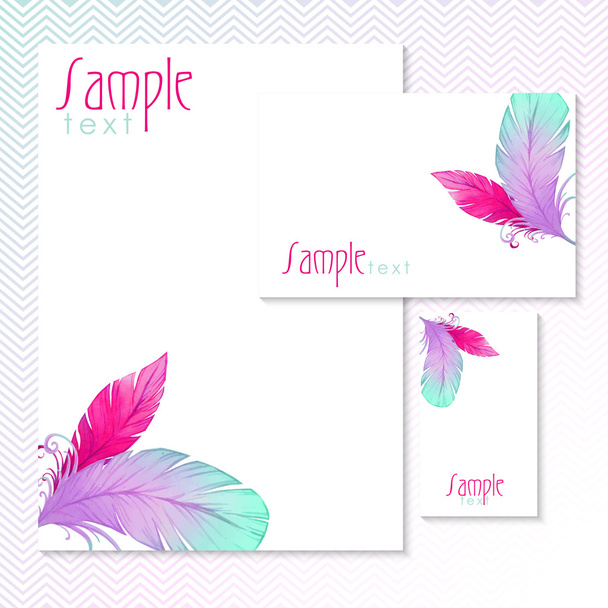 Watercolor card with bird feathers. - Vector, afbeelding