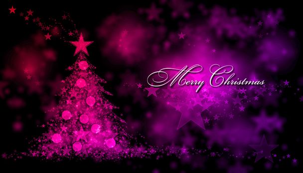 Feliz Natal. Fundo vermelho e roxo com uma árvore de Natal e Feliz Texto de Natal
 - Foto, Imagem