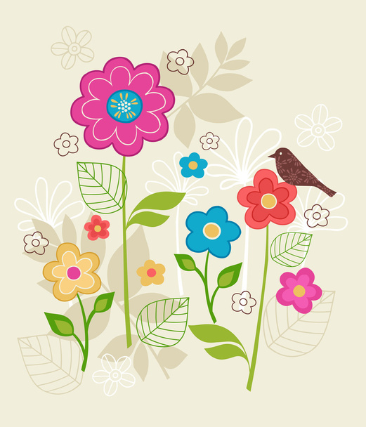 Hand-Drawn Floral & Bird Seamless Repeat Pattern - Vetor, Imagem