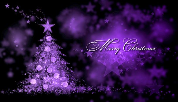 メリー クリスマス。紫の背景にクリスマス ツリー、メリー クリスマス テキスト - 写真・画像