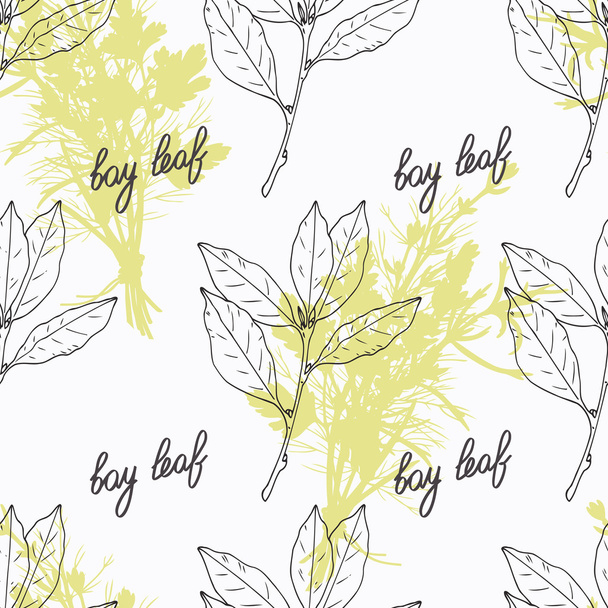 Hand drawn bay leaf branch and handwritten sign. Spicy herbs seamless pattern. Doodle kitchen background - Διάνυσμα, εικόνα