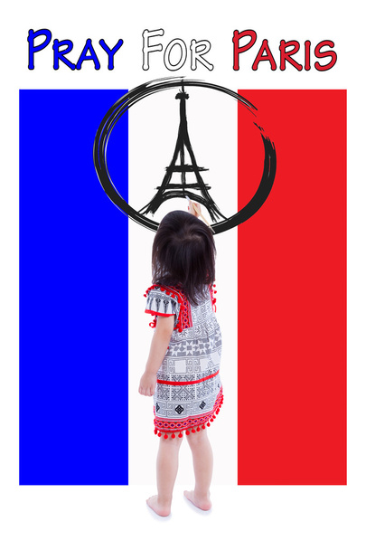 Little girl painting Eiffel Tower logo. Pray for Paris. - Photo, Image