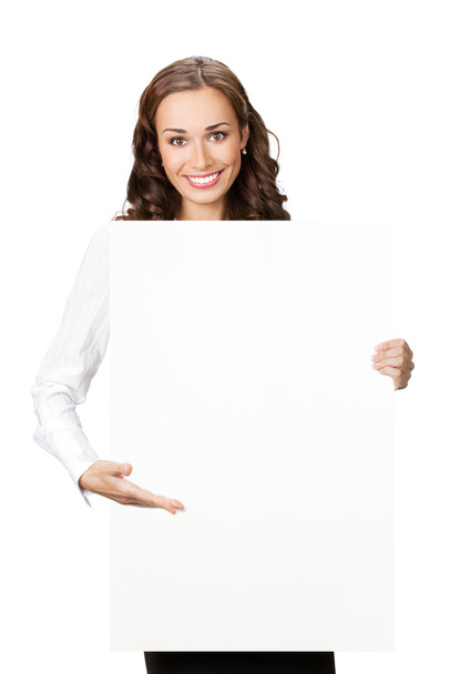 Empresária mostrando tabuleta em branco, isolada
 - Foto, Imagem
