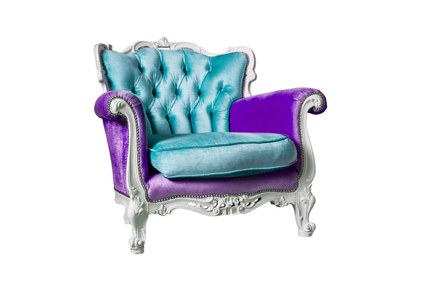 白い背景に分離された紫と青の肘掛け椅子 - 写真・画像