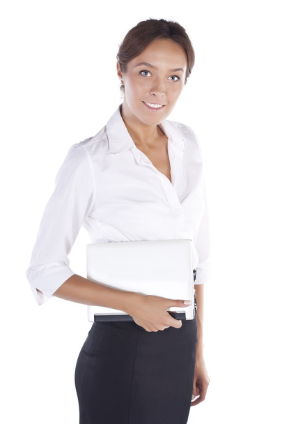 Beautiful businesswoman with laptop, isolated on white backgroun - Fotó, kép
