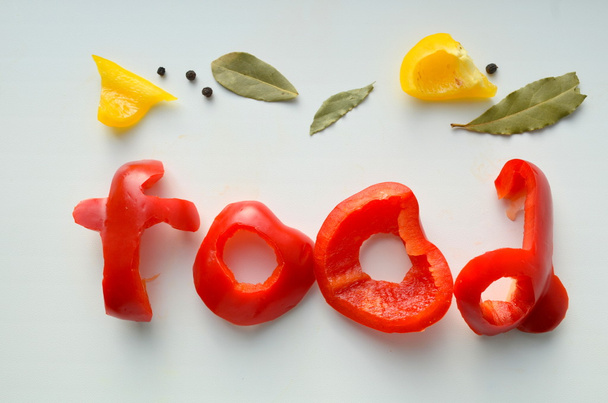 Η λέξη "τρόφιμα" Κόψτε πιπέρι - Φωτογραφία, εικόνα