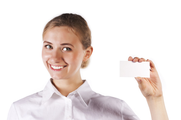 Portrait of smiling business woman giving blank - Zdjęcie, obraz