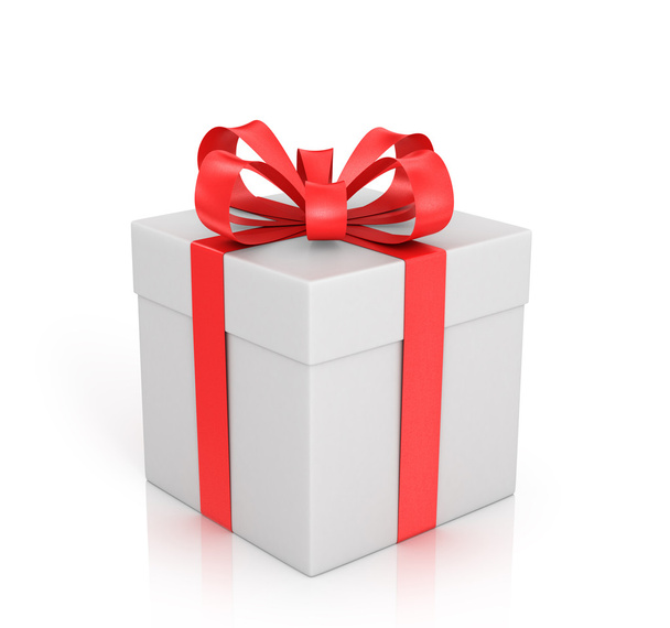 White gift with red ribbon and bow on a white background. - Foto, Imagem