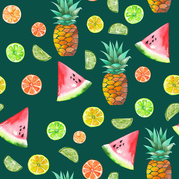 Un patrón con las frutas confitadas acuarela de colores, piña, lima y sandía
 - Foto, Imagen