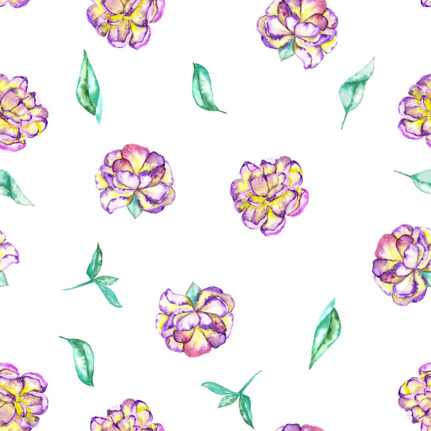 A seamless floral pattern with the watercolor purple and yellow exotic flowers (peony) and green leaves - Photo, Image