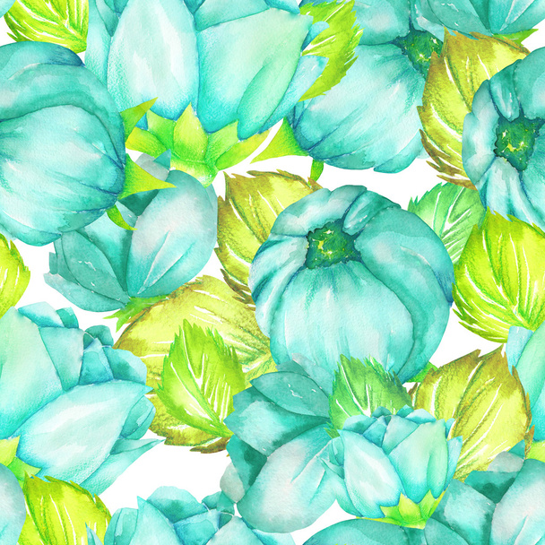A floral pattern with the turquoise beautiful flowers painted in watercolor on a white background - 写真・画像
