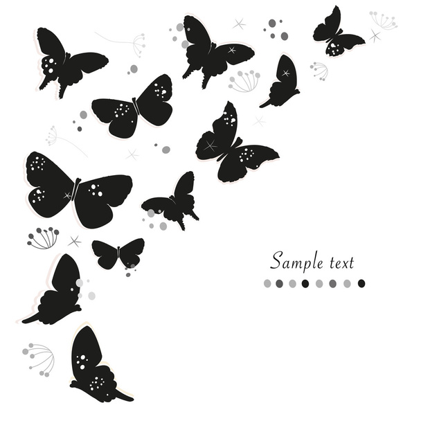 Black butterflies design and abstract decorative flowers greeting card vector background - Vektori, kuva