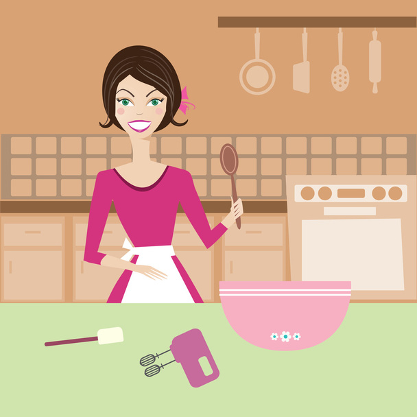 Prachtige huisvrouw in de keuken maken van taarten - Vector, afbeelding