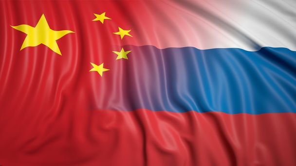 Bandeiras russas e chinesas
 - Foto, Imagem