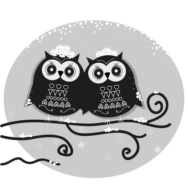 Snowing black and white owls vector background - Vektör, Görsel
