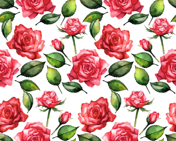 Watercolor red roses pattern - Φωτογραφία, εικόνα