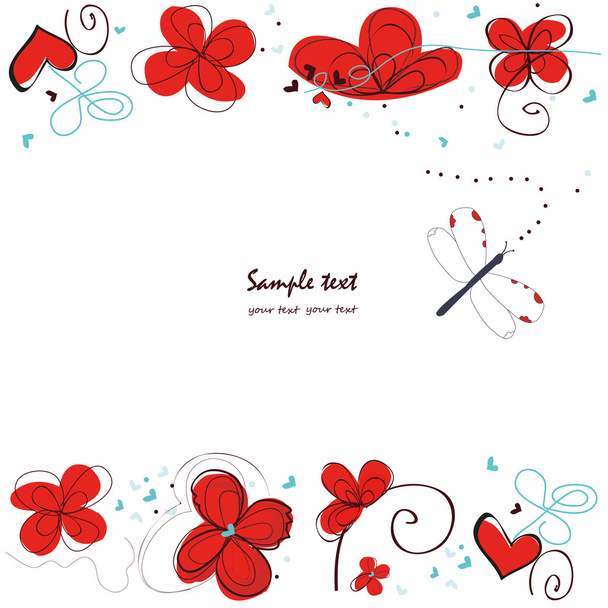 Abstract red floral doodle greeting card vector - Wektor, obraz