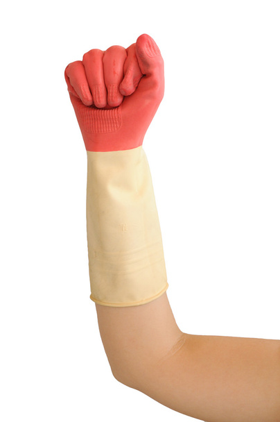 Main avec gant en caoutchouc bicolore
 - Photo, image