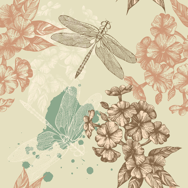 Seamless floral background with flying dragonflies, hand-drawing. Vector. - Διάνυσμα, εικόνα