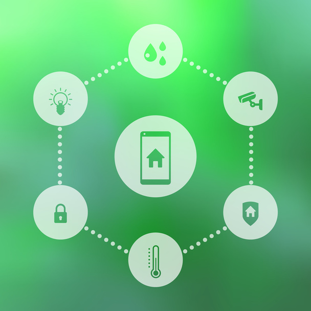 Smart house mobile app icons on green blur background, vector illustration - Vektor, kép