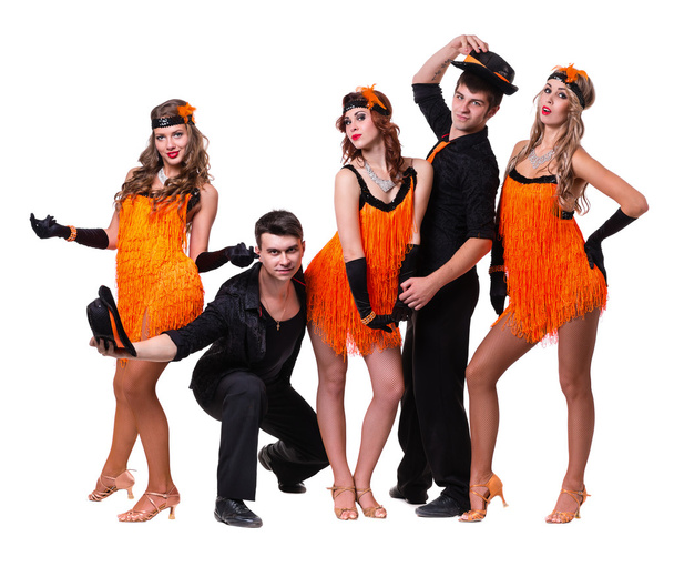 Cabaret dancer team dancing.  Isolated on white background in full length. - Photo, Image