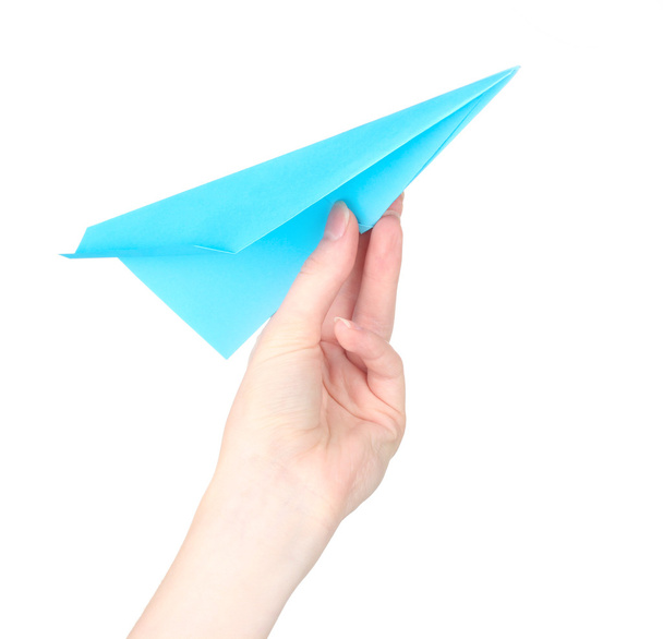 Origami paper airplane in hand isolated on white - Fotoğraf, Görsel