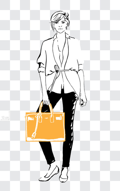 Skica ženy by mohla předvést skutečnou velikost kabelky, tote bag sáček nebo na město. Ručně kreslenou vektorové ilustrace. - Vektor, obrázek