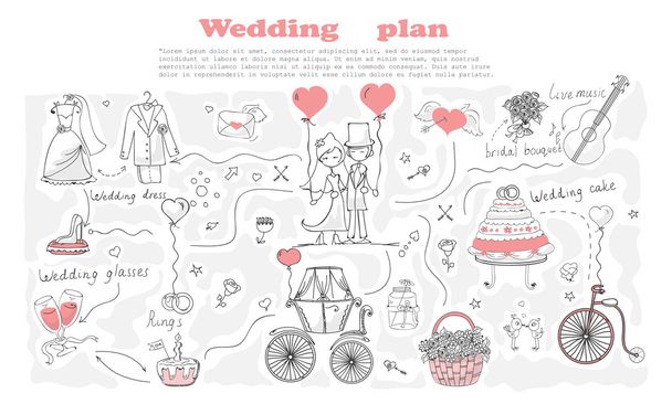 Outline cartoon wedding icons - Vetor, Imagem