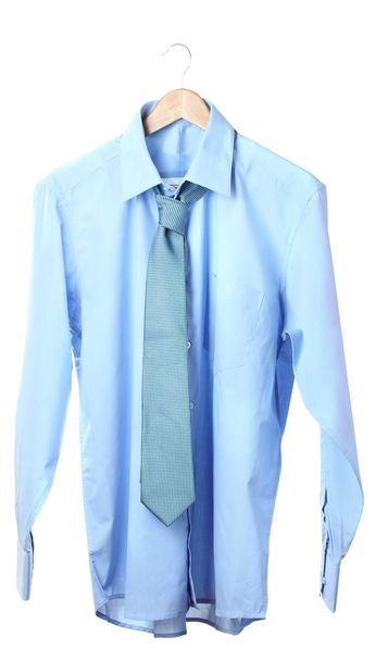 Blue shirt and tie on wooden hanger isolated on white - Zdjęcie, obraz