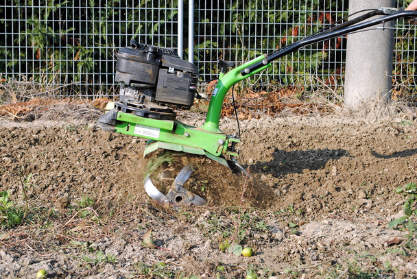 zielony glebogryzarki rotacyjne pracy w ogrodzie - Zdjęcie, obraz
