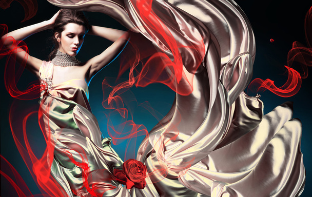 Beautiful woman in long fairy dress and red abstract - Photo, Image