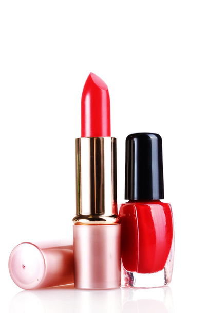 Red lipstick and nail polish isolated on white - Фото, зображення