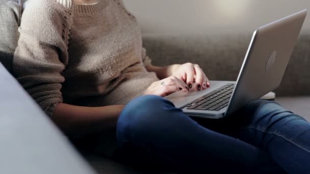 Woman sitting in sofa and working on laptop - Séquence, vidéo