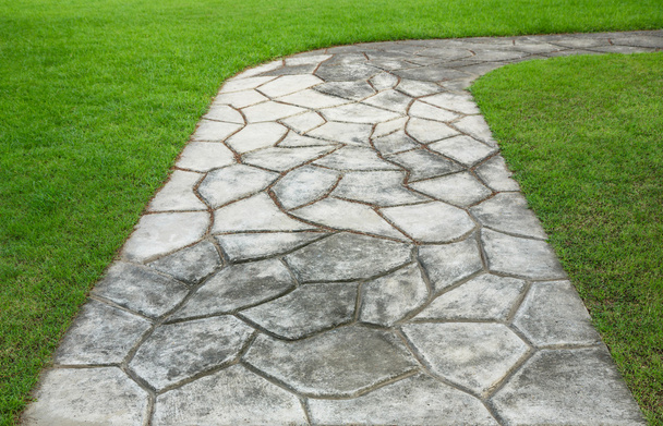 het pad lopen stenen blok in het park met groen gras - Foto, afbeelding