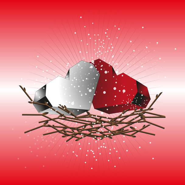 Two hearts red and white in a nest of twigs - Vector, Image