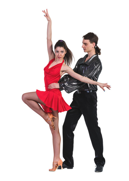 Full length of young ballet couple dancing on white background - Φωτογραφία, εικόνα