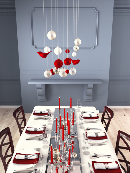 Beautifully set table for Christmas Eve. 3d rendering - Foto, imagen