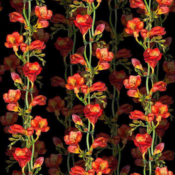 Floral seamless pattern with painted red freesia flower on contrast black background - Foto, imagen