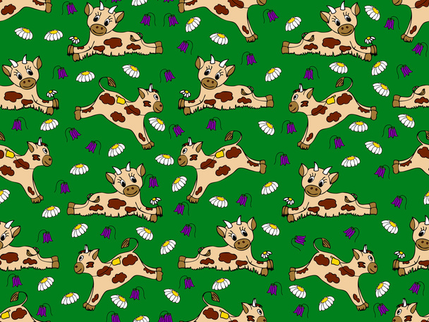 Seamless pattern with calves on the meadow - Vetor, Imagem