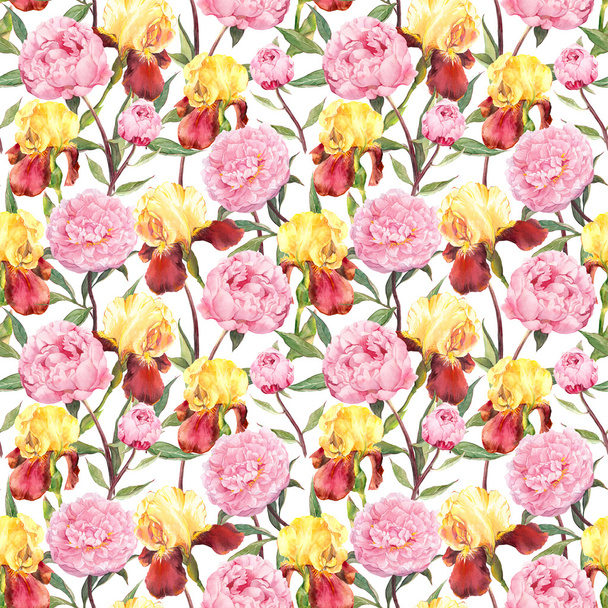Peonies and iris flowers. Repeating floral pattern. Water color - Photo, image