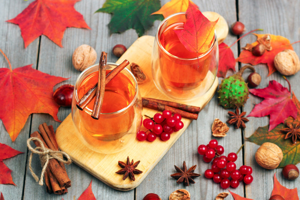 Autumn hot beverage in a glass with fruits and spices - Photo, Image