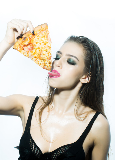 Young girl with pizza - Fotoğraf, Görsel