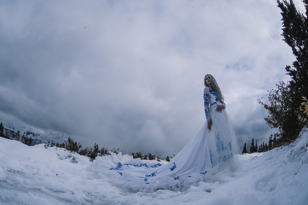 Beautiful bride in snow mountains - Фото, изображение