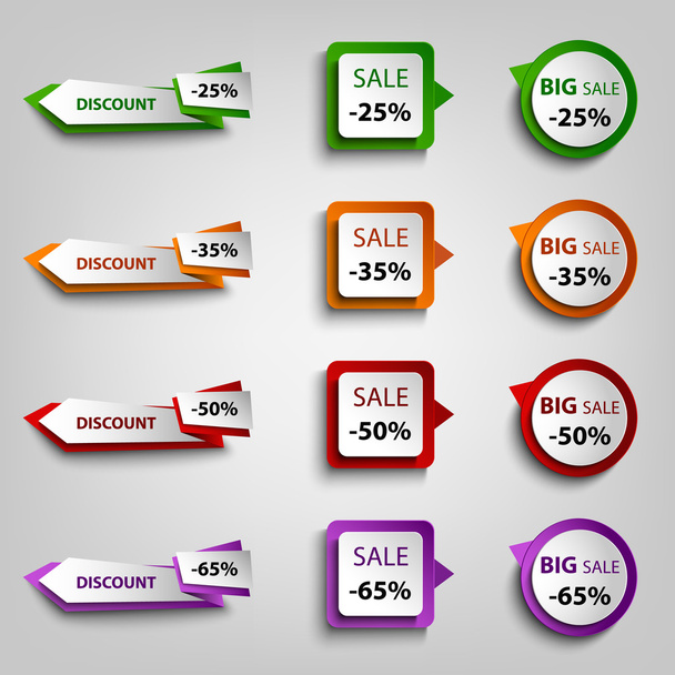 Кольоровий елемент дизайну покажчиків продажу зі знижкою
 - Вектор, зображення