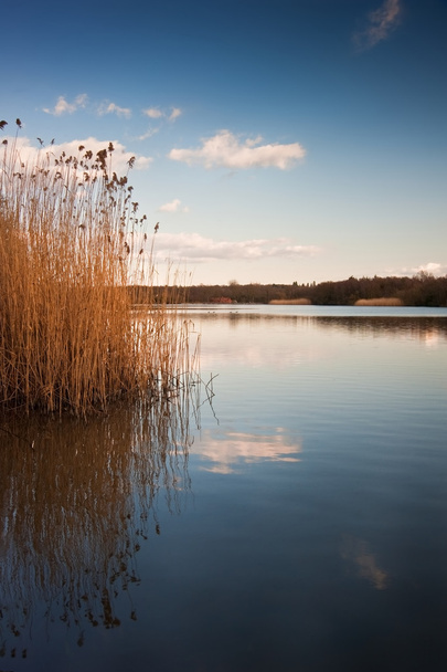 Lovely landscape image looking across calm lake with sky reflect - Photo, Image