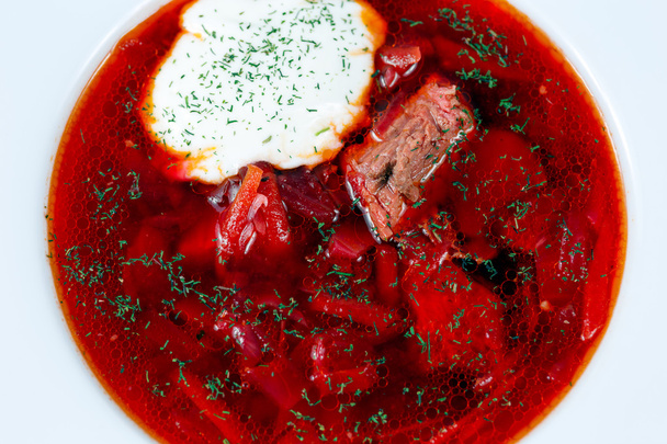 Borsch traditional russian soup. view from top close up background. - Zdjęcie, obraz