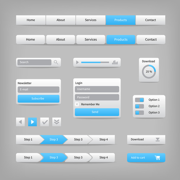 Web site elements with blue buttons navigation on gray. - Vektor, obrázek
